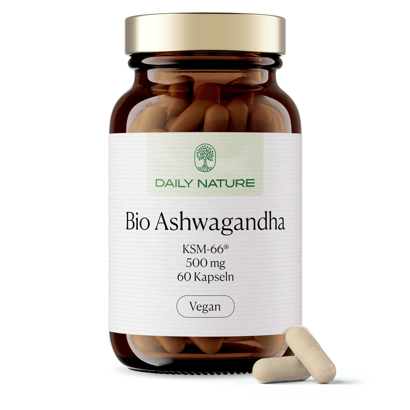 DAILY NATURE Premium Bio-Ashwagandha KSM-66® Kapseln im Braunglas, 60 Kapseln