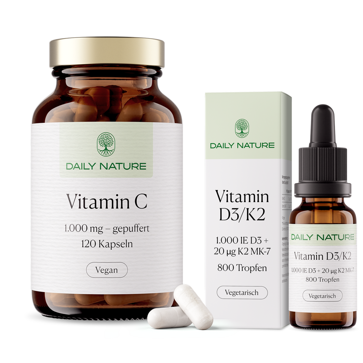 DAILY NATURE Premium Ritual No. 9 THE VITAL SHIELD: Vitamin C Kapseln und Vitamin D3/K2 Tropfen