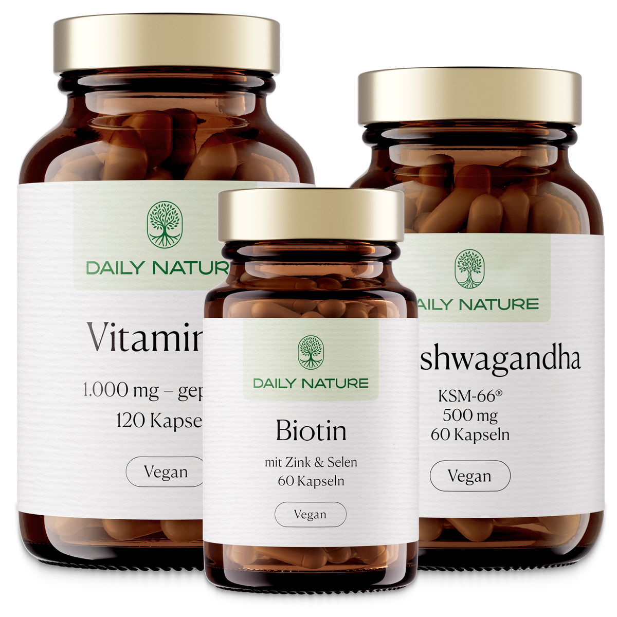 DAILY NATURE Premium Ritual No. 11 THE GROUNDED MIND: Bio-Ashwagandha, Vitamin C Gepuffert und Biotin Zink+Selen im Braunglas