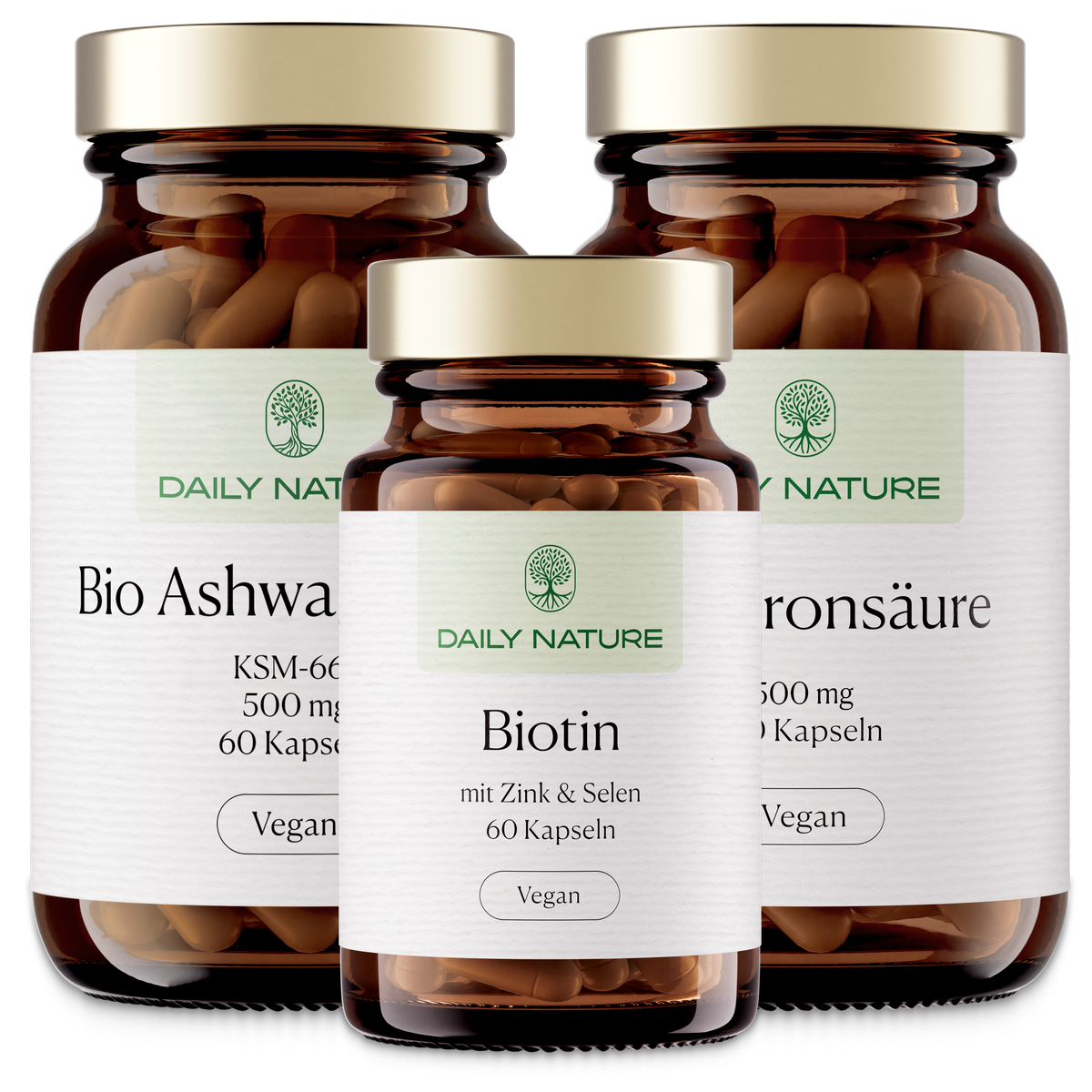DAILY NATURE Premium Ritual No. 13 THE ROOTED GLOW: Bio-Ashwagandha, Biotin Zink+Selen und Hyaluronsäure im Braunglas