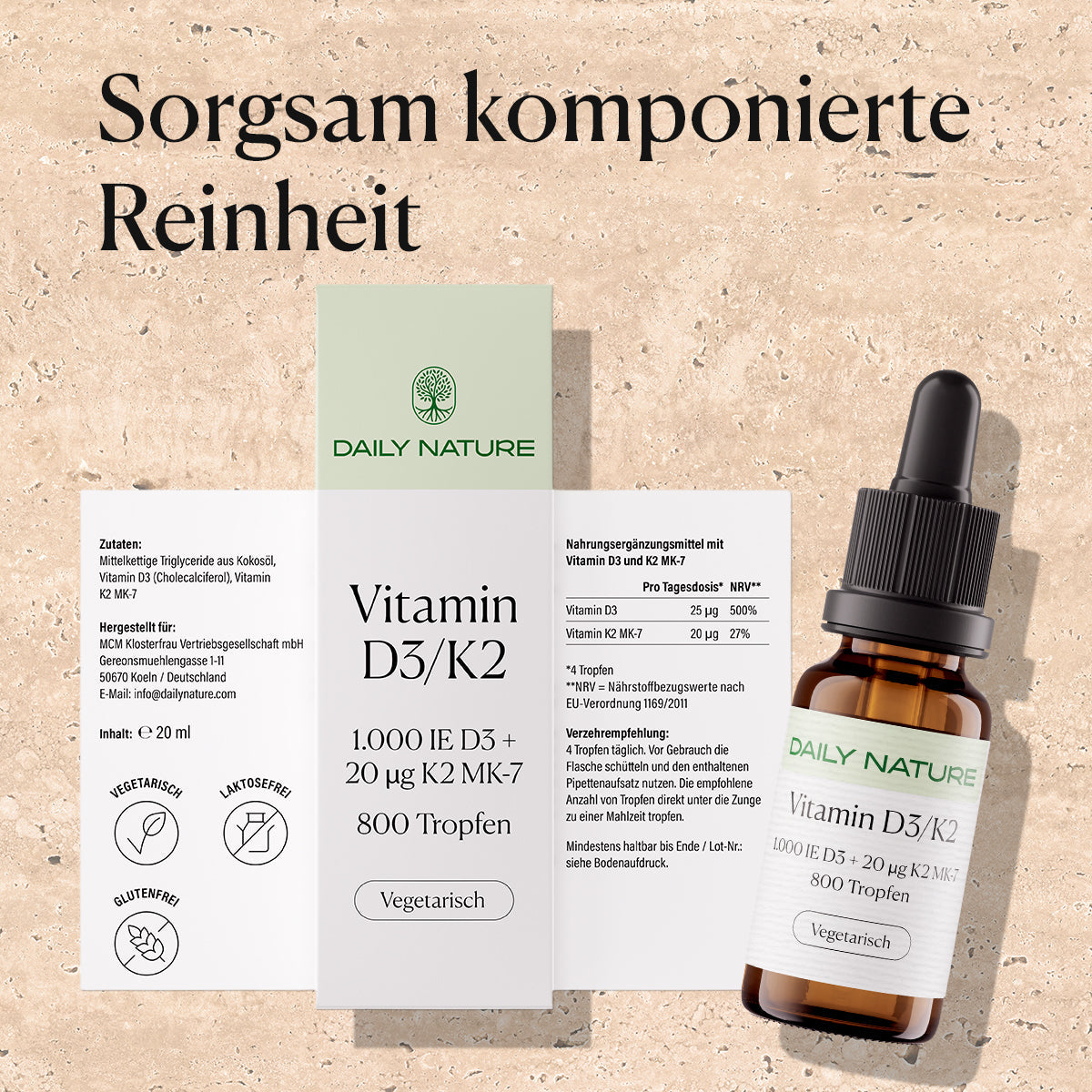 Etikett der DAILY NATURE Vitamin D3/K2 Tropfen mit Naehrwerten und Verzehrempfehlung