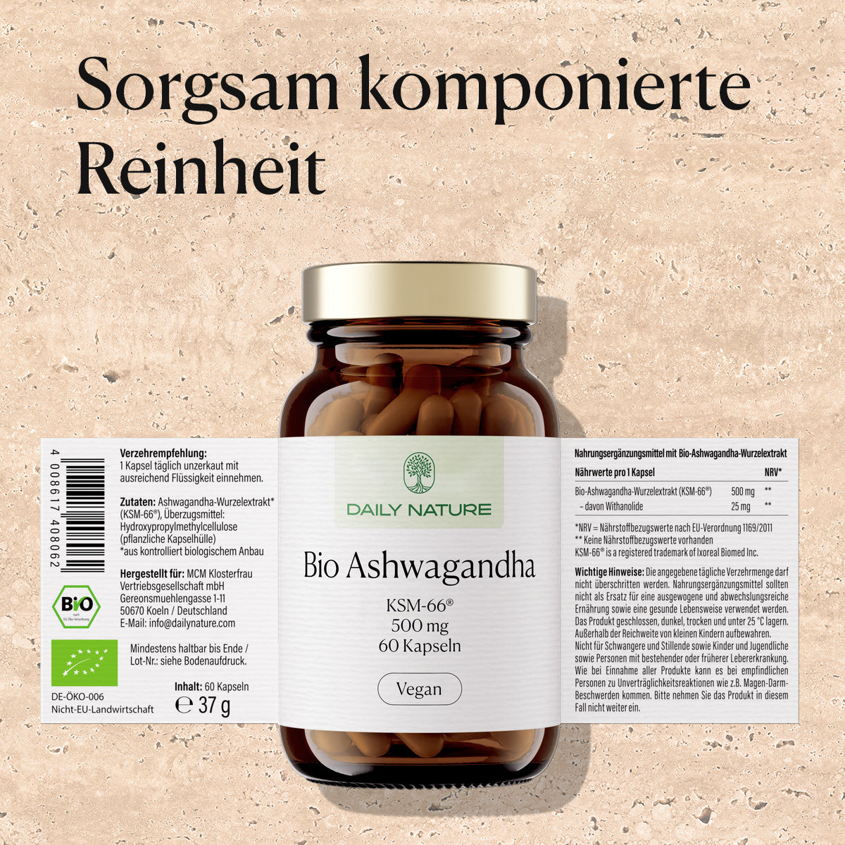 Glas Bio-Ashwagandha mit abgewickeltem Etikett: Zutaten, Nährwerte und Hinweise