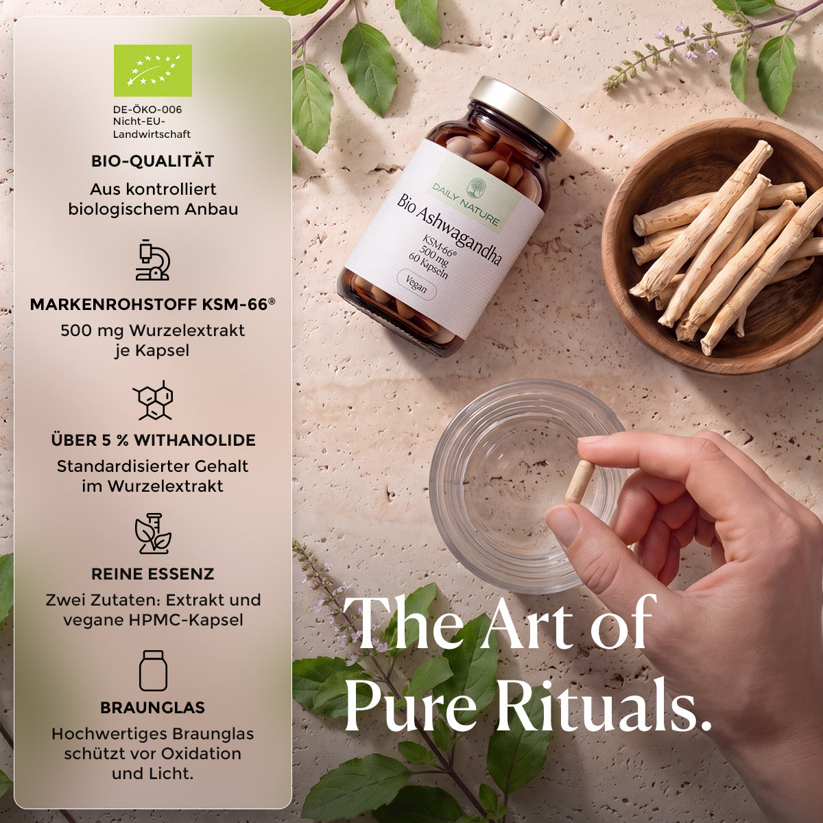 Flatlay mit Ashwagandha-Wurzeln, Glas und Kapsel – KI-generiertes Bild [KI]