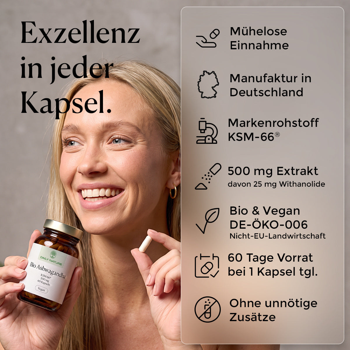 Frau mit Kapsel und Glas Bio-Ashwagandha – KI-generiertes Bild [KI]