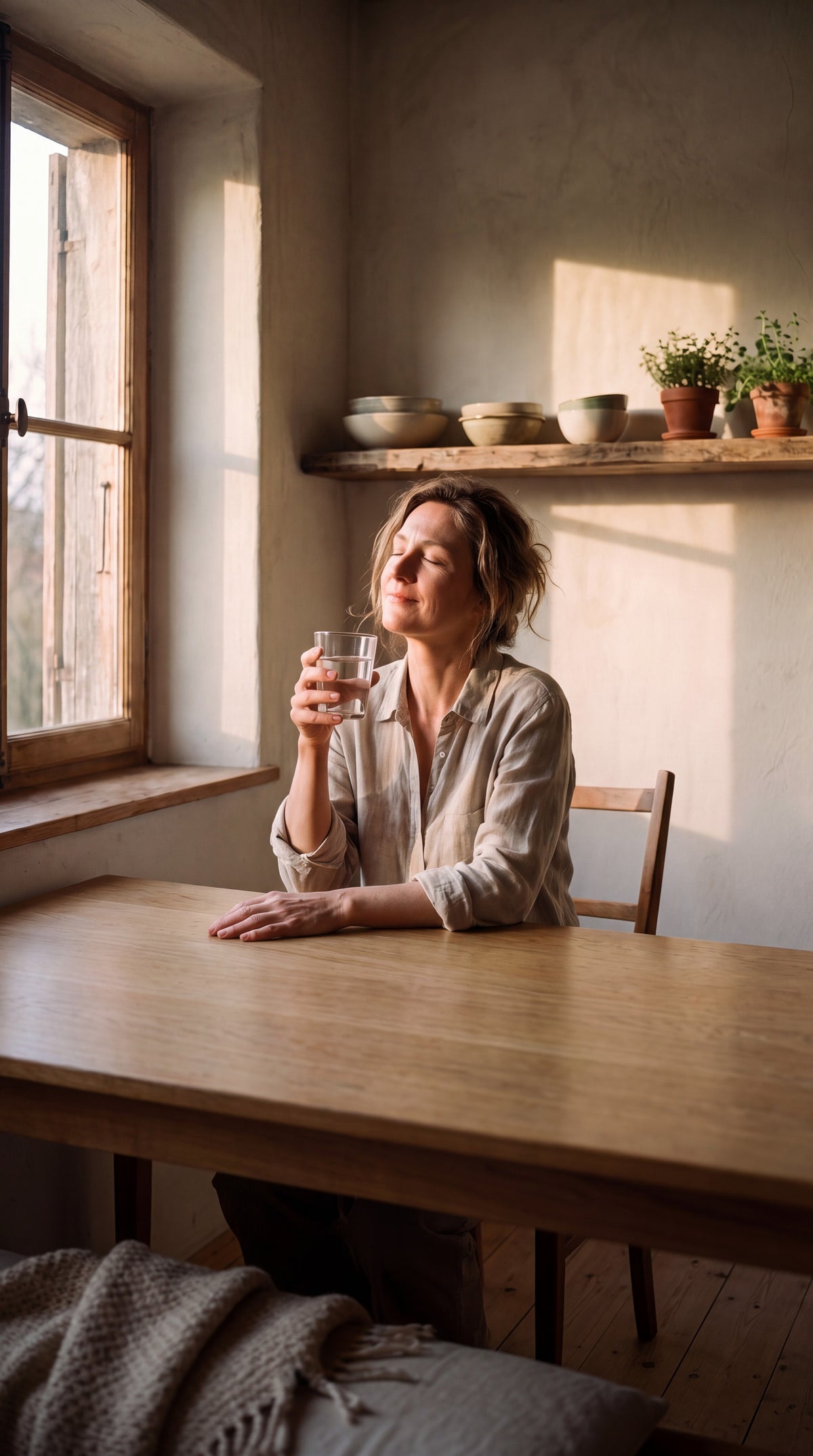 Premium Ritual No. 11 The Grounded Mind mit Bio-Ashwagandha: Frau mit Glas Wasser am Küchentisch im Morgenlicht [KI]