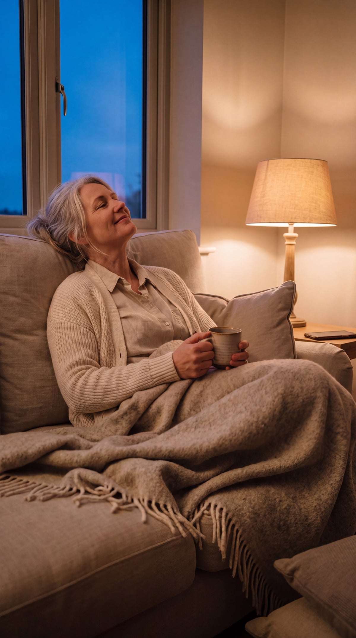 Premium Ritual No. 12 The Quiet Hour mit Bio-Ashwagandha: Frau mit Tasse unter einer Wolldecke auf dem Sofa am Abend [KI]