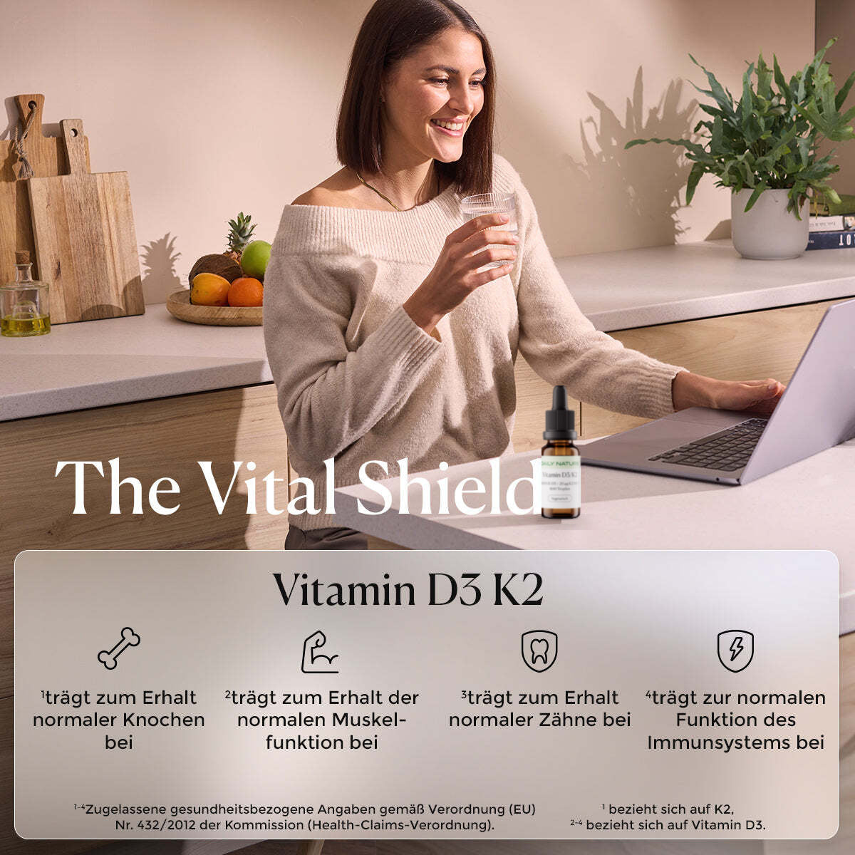 DAILY NATURE Vitamin D3/K2 Tropfen auf der Kuechenarbeitsplatte, dazu die zugelassenen Angaben zu Knochen, Muskelfunktion, Zaehnen und Immunsystem