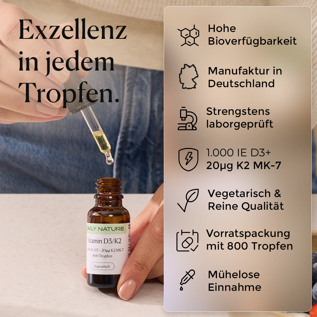 DAILY NATURE Vitamin D3/K2 Tropfen: 1.000 IE D3 und 20 ug K2 MK-7 je Tagesdosis, 800 Tropfen, vegetarisch, laborgeprueft