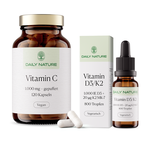 DAILY NATURE Premium Ritual No. 9 THE VITAL SHIELD: Vitamin C Kapseln und Vitamin D3/K2 Tropfen