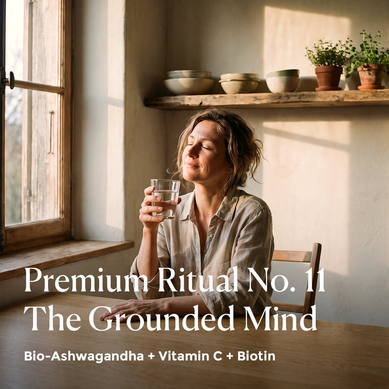 Premium Ritual No. 11 The Grounded Mind mit Bio-Ashwagandha: Frau mit Glas Wasser am Küchentisch im Morgenlicht [KI]