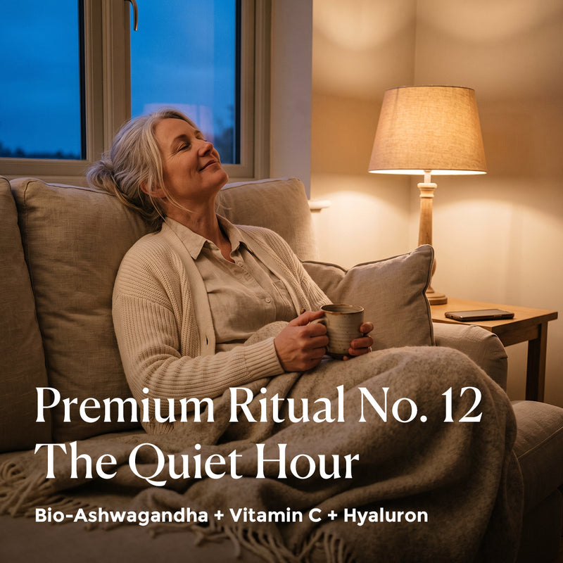 Premium Ritual No. 12 The Quiet Hour mit Bio-Ashwagandha: Frau mit Tee und Wolldecke abends auf dem Sofa [KI]
