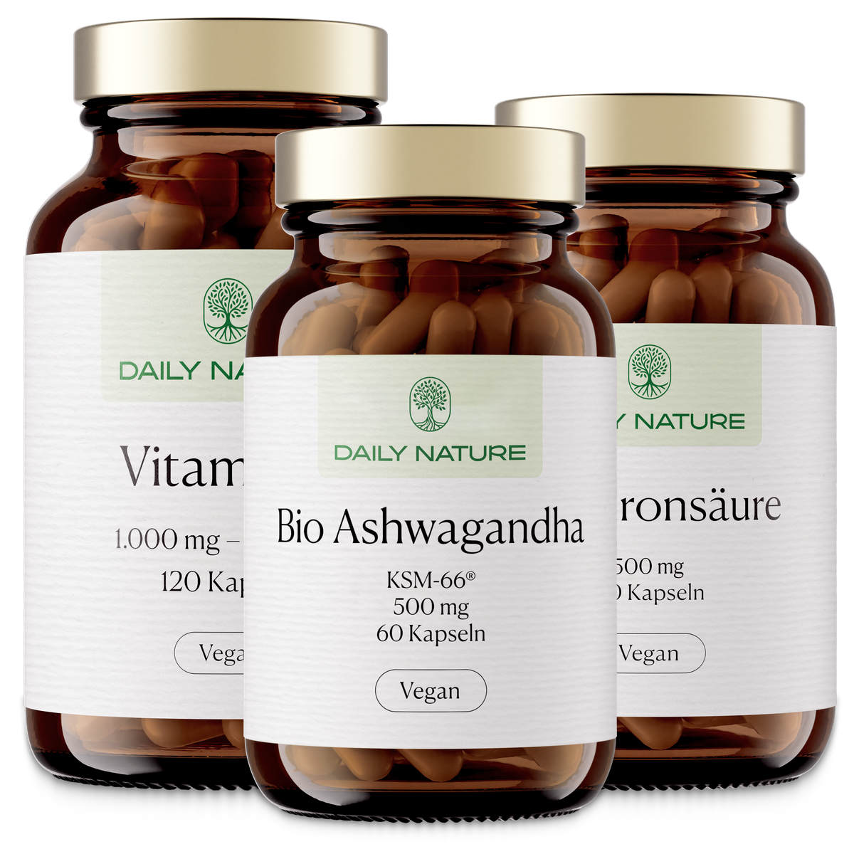 DAILY NATURE Premium Ritual No. 12 THE QUIET HOUR: Bio-Ashwagandha, Vitamin C Gepuffert und Hyaluronsäure im Braunglas